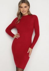 Bordowa Sukienka Mini z Prążkowanej Sweterkowej Dzianiny o Dopasowanym Fasonie Paulinma. Czerwone sukienki damskie Born2be, s, bez wzorów, z bawełny, bez kołnierzyka, bez ramiączek, maxi, dopasowane. Za 79.99 zł.