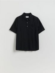 Koszula z dodatkiem lnu - czarny. Czarne koszule męskie Reserved, l, bez wzorów, z wiskozy, bez kołnierzyka, bez ramiączek. Za 129.99 zł.