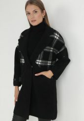 Czarny Płaszcz Krótki w Kratę Florenta. Czarne płaszcze damskie Born2be, z aplikacjami, z jeansu, eleganckie, długie, bez kaptura. Za 309.99 zł.