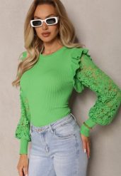 Zielony Sweter z Koronką i Bufiastym Rękawem Yuntus. Zielone swetry damskie Renee, bez wzorów, z dzianiny, boho, bez kołnierzyka, bez ramiączek, długie, bez kaptura. Za 59.99 zł.