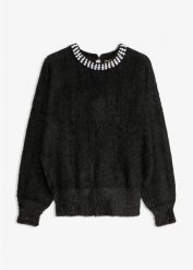 Sweter z aplikacją z perełek. Czarne swetry damskie bonprix, z aplikacjami, bez kołnierzyka, bez ramiączek, bez kaptura. Za 149.99 zł.