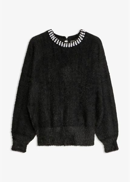 Sweter z aplikacją z perełek. Czarne swetry damskie bonprix, z aplikacjami, bez kołnierzyka, bez ramiączek, bez kaptura. Za 149.99 zł.