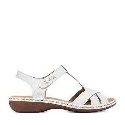 Sandały Rieker. Białe sandały damskie Rieker, bez wzorów, bez obcasa, na płaskiej podeszwie, bez zapięcia. Za 319.99 zł.