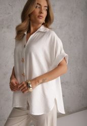 Biała Oversizowa Koszula z Wiskozy na Krótki Rękaw z Oryginalnymi Guzikami Isea. Białe bluzki damskie Renee, l, bez wzorów, z materiału, eleganckie, bez kołnierzyka, bez ramiączek. Za 89.99 zł.
