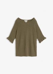 Sweter z mieszanki bawełny, rękawy z falbanką. Zielone swetry damskie bonprix, bez wzorów, z bawełny, bez kołnierzyka, bez ramiączek, bez kaptura. Za 109.99 zł.