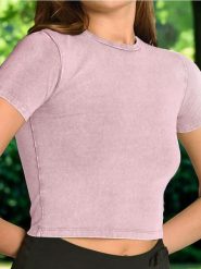 Krótka koszulka z efektem sprania - różowy. Czerwone t-shirty damskie Sinsay, l, bez wzorów, bez kołnierzyka. Za 12.99 zł.