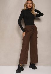 Brązowe Szerokie Spodnie Dresowe Cargo High Waist w Stylu Cargo z Ociepleniem Sevifra. Brązowe spodnie dresowe damskie Renee, m, bez wzorów, z dresówki. Za 49.99 zł.
