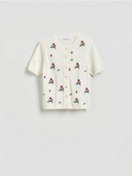 Kardigan z krótkim rękawem - złamana biel. Kardigany damskie Reserved, l, bez wzorów, z dzianiny, krótkie. Za 129.99 zł.