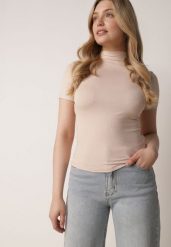 Jasnobeżowy Dopasowany T-shirt z Wiskozy z Golfem Isovera. Brązowe koszule damskie Born2be, m, z aplikacjami, z materiału, biznesowe, bez kołnierzyka, bez ramiączek. Za 59.99 zł.