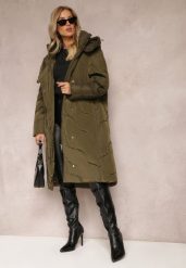 Zielona Pikowana Kurtka Płaszcz za Kolano z Kapturem Kelotta. Zielone kurtki damskie Renee, l, bez wzorów, z kapturem. Za 349.99 zł.