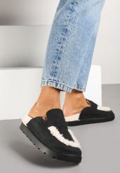 Czarne Klapki na Platformie Ozdobione Paskiem i Futerkiem w Stylu Baranka Islinna. Czarne klapki damskie Renee, bez wzorów, z jeansu, eleganckie, bez obcasa, na platformie. Za 99.99 zł.