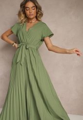 Ciemnozielona Koktajlowa Maxi Sukienka Ozdobiona Plisami z Trójkątnym Dekoltem i Wiązaniem w Talii Phoelia. Zielone sukienki damskie Renee, na imprezę, l, bez wzorów, eleganckie, bez kołnierzyka, bez ramiączek, maxi. Za 79.99 zł.