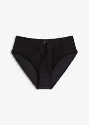 Figi z wysokim stanem zdobione haftem. Czarne figi damskie bonprix, z aplikacjami. Za 39.99 zł.
