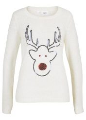 Sweter bożonarodzeniowy z motywem renifera z cekinami. Białe swetry damskie bonprix, bez wzorów, bez kołnierzyka, bez ramiączek, długie, bez kaptura. Za 129.99 zł.