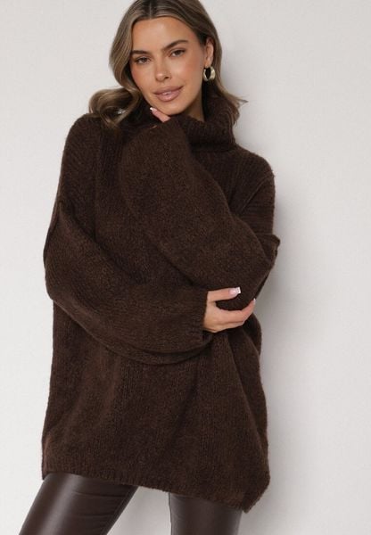 Brązowy Gładki Golf Oversize z Domieszką Wełny i Wiskozy Nerafera. Brązowe swetry damskie Born2be, bez wzorów, z jeansu, klasyczne, bez kołnierzyka, bez ramiączek, bez kaptura. Za 179.99 zł.