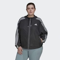 BSC 3-Stripes Wind Jacket (Plus Size). Białe koszulki sportowe damskie Adidas, plus size, bez wzorów, z materiału, sportowe, bez kołnierzyka. W wyprzedaży za 271.05 zł.