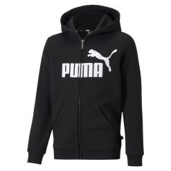 Młodzieżowa bluza z kapturem z dużym logo Essentials PUMA Black. Czarna bluzy męskie Puma, na jesień, m, bez wzorów, z bawełny, z kapturem. Za 170.40 zł.