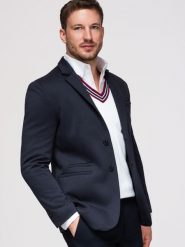 Dzianinowa marynarka męska o dopasowany kroju SLIM FIT - granatowa V3 - Rozmiar: M. Niebieskie marynarki męskie Ombre Clothing, bez wzorów, z bawełny, biznesowe. W wyprzedaży za 265.99 zł.