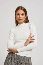 Bluzka z bufiastymi rękawami perłowa. Białe bluzki damskie MOODO, l, bez wzorów, z elastanu, bez kołnierzyka, bez ramiączek. W wyprzedaży za 17.99 zł.