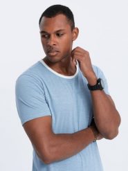 T-shirt męski bawełniany - błękitny V4 - Rozmiar: XXL. Niebieskie t-shirty męskie Ombre Clothing, m, bez wzorów, z bawełny, klasyczne, bez kołnierzyka. W wyprzedaży za 19.99 zł.