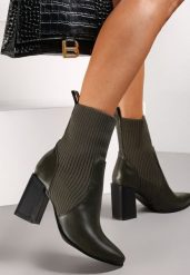 Zielone Botki Tristn. Zielone botki damskie Renee, prążkowane, eleganckie, ze szpiczastym noskiem, za kostkę, bez obcasa, na obcasie, bez zapięcia. Za 79.99 zł.