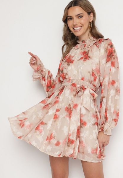 Beżowo-Różowa Koktajlowa Sukienka z Paskiem w Kwiaty Falresia. Brązowe sukienki damskie Born2be, m, bez wzorów, bez kołnierzyka, bez ramiączek, mini, trapezowe. Za 149.99 zł.