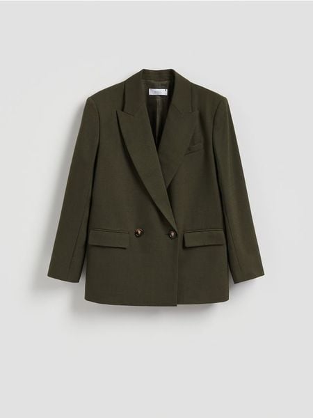 Dwurzędowa marynarka - ciemnozielony. Zielone żakiety damskie Reserved, l, bez wzorów, z tkaniny. Za 249.99 zł.