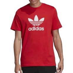 Koszulka turystyczna męska Adidas Trefoil. Czerwone koszulki sportowe męskie Adidas, na wiosnę, m, bez wzorów, z bawełny, bez kołnierzyka, bez ramiączek, trekkingowe. Za 92.00 zł.