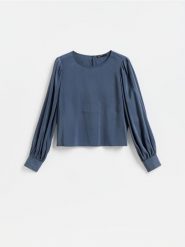 Bluzka z modalem - granatowy. Niebieskie bluzki damskie Reserved, l, bez wzorów, z tkaniny, bez kołnierzyka, bez ramiączek. Za 109.99 zł.