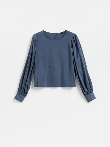 Bluzka z modalem - granatowy. Niebieskie bluzki damskie Reserved, l, bez wzorów, z tkaniny, bez kołnierzyka, bez ramiączek. Za 109.99 zł.