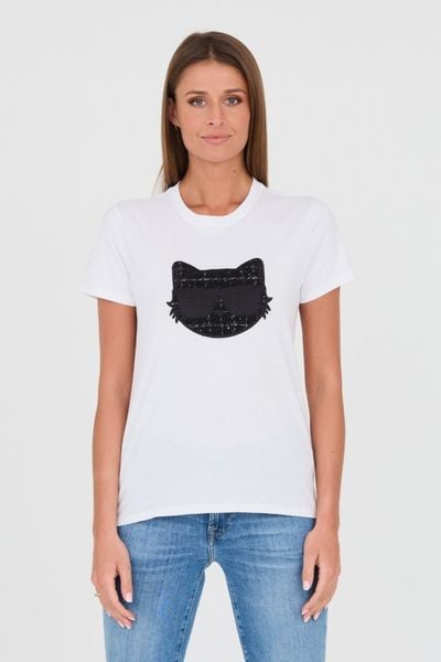 KARL LAGERFELD Biały damski t-shirt Boucle Choupette, Rozmiar S. Białe t-shirty damskie KARL LAGERFELD, s, bez wzorów, z bawełny, bez kołnierzyka. W wyprzedaży za 224.99 zł.