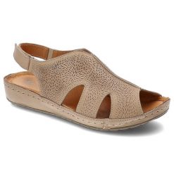 Beżowe Sandały Kampa Wygodne Skórzane Buty Na Lato. Brązowe klapki damskie KAMPA, w ażurowe wzory, ze skóry, klasyczne, bez obcasa, na platformie. Za 189.00 zł.