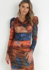 Pomarańczowa Sukienka Tie-Dye z Bufiastym Rękawem Haki. Brązowe sukienki damskie Born2be, na co dzień, m, bez wzorów, eleganckie, bez kołnierzyka, bez ramiączek, mini, dopasowane. Za 109.99 zł.