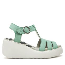 Sandały Fly London. Zielone sandały damskie Fly London, bez wzorów, bez obcasa, na koturnie, bez zapięcia. Za 519.99 zł.