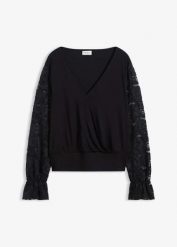 Bluzka z długim, koronkowym rękawem. Czarne bluzki damskie bonprix, bez wzorów, z koronki, eleganckie, bez kołnierzyka, bez ramiączek. Za 144.99 zł.