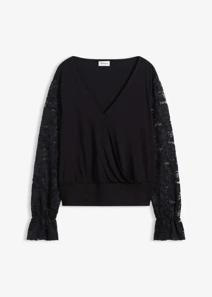 Bluzka z długimi rękawami z koronką. Czarne bluzki damskie bonprix, bez wzorów, z koronki, eleganckie, bez kołnierzyka, bez ramiączek. Za 129.99 zł.