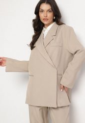 Beżowa Marynarka Dwurzędowa Oversize o Pudełkowym Kroju Cornelita. Brązowe żakiety damskie Born2be, m, bez wzorów, z jeansu, biznesowe. Za 229.99 zł.