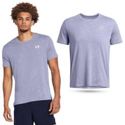 Koszulka fitness męska UNDER ARMOUR Launch Splatter z krótkim rękawem. Fioletowe koszulki sportowe męskie Under Armour, m, bez wzorów, bez kołnierzyka, bez ramiączek, do biegania. Za 139.99 zł.