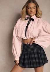 Różowa Bufiasta Koszula z Bawełny w Stylu Retro z Ozdobną Kokardą Frulla. Czerwone bluzki damskie Renee, bez wzorów, z bawełny, retro, bez kołnierzyka, bez ramiączek. Za 99.99 zł.