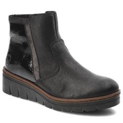 Czarne Botki Rieker Ocieplane Obuwie Damskie. Czarne botki damskie Rieker, na wiosnę, ze skóry ekologicznej, eleganckie, bez obcasa, bez zapięcia. Za 279.00 zł.