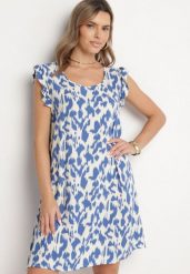 Niebieska Sukienka z Bawełny o Rozkloszowanym Kroju z Falbankami Zamiast Rękawów Jenalinea. Niebieskie sukienki damskie Born2be, na co dzień, l, bez wzorów, z bawełny, eleganckie, bez kołnierzyka, bez ramiączek, midi, rozkloszowane. Za 49.99 zł.
