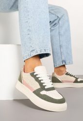 Beżowo-Zielone Sneakersy na Grubej Podeszwie z Brokatem Perforacją i Plecionką Mirreina. Brązowe obuwie sportowe damskie Born2be, bez wzorów, z jeansu. Za 89.99 zł.