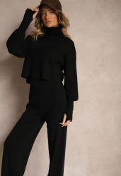 Czarny Komplet Dzianinowy z Wiskozą Spodnie o Szerokim Kroju Góra z Golfem Norathira. Czarne spodnie materiałowe damskie Renee, bez wzorów, z dzianiny. Za 199.99 zł.