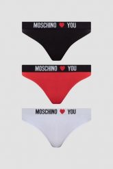 MOSCHINO Damskie stringi trzypak, Rozmiar M. Stringi damskie MOSCHINO, m, bez wzorów, z bawełny. W wyprzedaży za 289.99 zł.