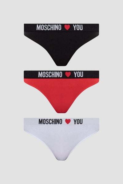 MOSCHINO Damskie stringi trzypak, Rozmiar M. Stringi damskie MOSCHINO, m, bez wzorów, z bawełny. W wyprzedaży za 289.99 zł.