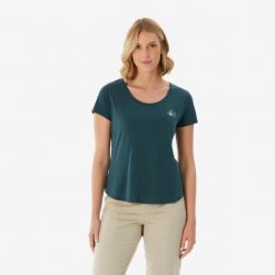 Koszulka turystyczna z krótkim rękawem damska Quechua NH500. Niebieskie koszulki sportowe damskie QUECHUA, m, bez wzorów, z bawełny, sportowe, bez kołnierzyka. Za 52.49 zł.