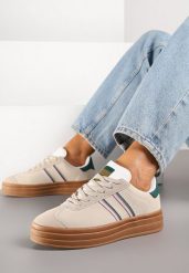 Beżowo-Zielone Klasyczne Sneakersy na Niewysokiej Platformie Terilee. Brązowe obuwie sportowe damskie Renee, bez wzorów, z dresówki, trekkingowe. Za 99.99 zł.