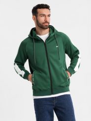 Rozpinana męska bluza z kapturem i lampasami - ciemnozielona V7 OM-SSZP-0210 S. Zielone bluzy męskie Ombre, m, bez wzorów, z kapturem. Za 393.34 zł.