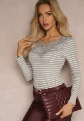 Szara Bluzka z Bawełnianego Prążkowanego Materiału w Paski z Koronką przy Dekolcie Arcolia. Szare t-shirty i topy dla dziewczynek Renee, z aplikacjami, z bawełny, bez ramiączek. Za 49.99 zł.