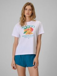 4F T-shirt loose z nadrukiem damski - biały S. Białe t-shirty damskie 4f, s, bez wzorów, z bawełny, bez kołnierzyka. W wyprzedaży za 49.99 zł.
